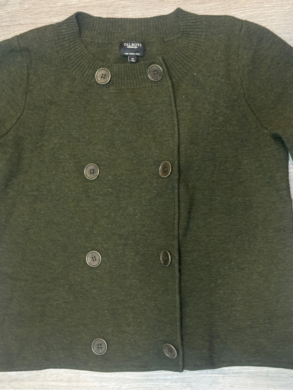 Talbots 100% Merino Wool Olive Green Double-Breasted Short Sleeve Sweater - Picture 8 of 8